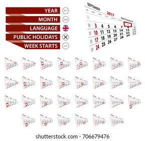 Set of September 2017 calendar, highlighted every day. Week starts from Sunday. Vector Illustration.