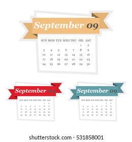 Set of September 2017 calendar with ribbon in a flat design