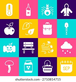 Defina o outono do calendário de setembro, Nuvem com chuva, Pá, Aranha, Folha, Maçã, Termômetro e ícone da mochila da escola. Vetor