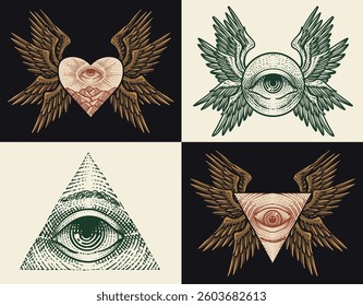 Set of seraphim angel with all seeing eyes. engraving hand drawn style