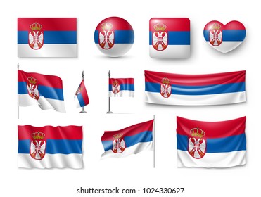 Set Serbia flags, banners, banners, symbols, flat icon. Vector illustration of collection of national symbols on various objects and state signs