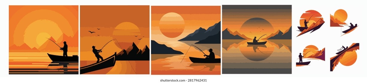 Set of serene landscape illustrations featuring silhouettes of people fishing in boats on calm lakes during beautiful golden sunrise and sunset