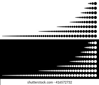 Set of series of circle. Abstract monochrome element set. Growing lines of dots. Dotted horizontal graphics with vanishing circles. Polka dots blended from large to small.