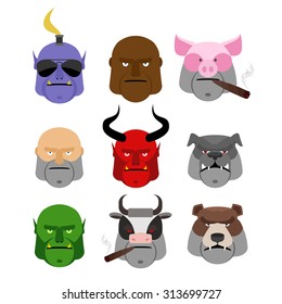 Set Serious head. Evil muzzles of animals and people. Terrible head dogs and cows. Head man and demon.