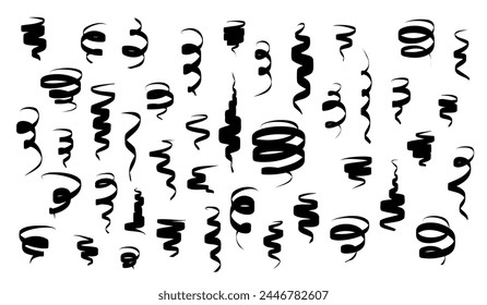 Set of serpentine carnival ribbons set vector background. Black paper streamers isolated on white for gift, greeting, holiday design. Vector graphics in flat style