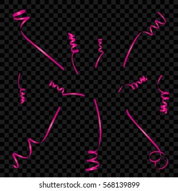 Set of serpentine ribbons, isolated on background. Streamers confetti . Vector Illustration of pink decoration. Falling light decoration for party, birthday celebrate, anniversary or event, festive.