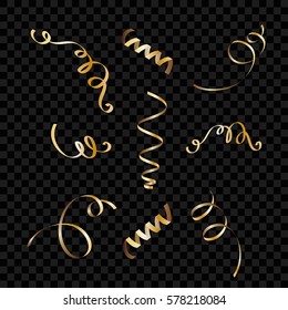 Set of serpentine ribbons, isolated on background. Streamers confetti . Vector Illustration of golden decoration. Falling light decoration for party, birthday celebrate, anniversary or event, festive.