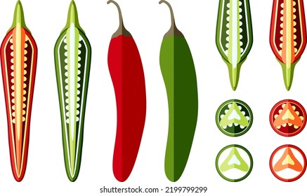 Set of serrano Chile peppers. Whole, half, sliced and wedges of peppers. Chile serrano. Serrano chilis. Chili pepper. Vegetables. Flat design. Vector illustration isolated on white background.