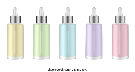 Set of serum bottles with pipette. Dropper. Glass container. Yellow, green, blue, purple and pink transparent liquid. Serum, essence or perfume. Vape e-liquid