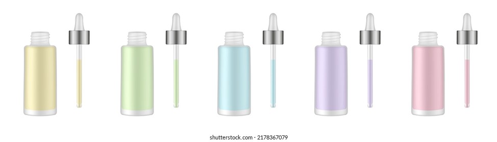 Serumflaschen mit Pipette. Dropper. Glasbehälter. Gelbe, grüne, blaue, violette und rosafarbene durchsichtige Flüssigkeit. Serum, Essenz oder Parfum. Vape-e-Liquid