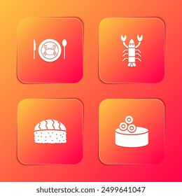 Set Served crab on a plate, Lobster, Sushi and Tin can with caviar icon. Vector
