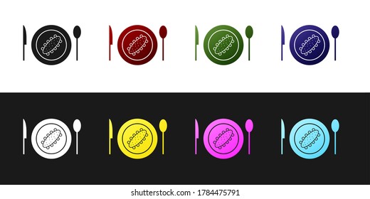 Set Served cucumber on a plate icon isolated on black and white background. Marine food. Vector.