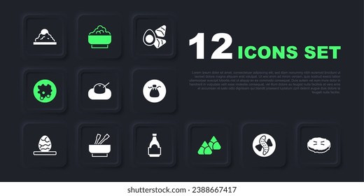 Set Served cucumber on a plate, Homemade pie, Mochi, Zongzi in bamboo steamer, Rice bowl, Asian noodles,  and Soy sauce bottle icon. Vector