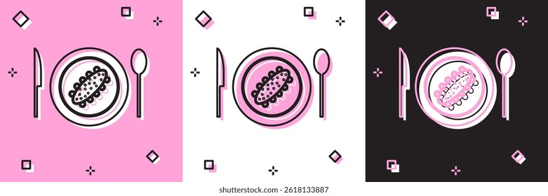 Set Served cucumber on a plate icon isolated on pink and white, black background. Marine food.  Vector