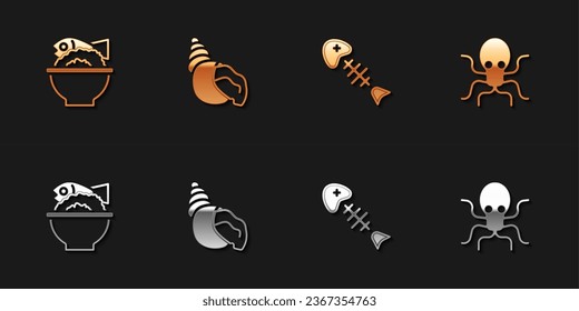 Set Served fish on a bowl, Scallop sea shell, Fish skeleton and Octopus icon. Vector