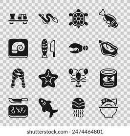 Set Served fish on a bowl, Canned, Mussel, Turtle, Fish with sliced pieces, Octopus plate, Sushi cutting board and Lobster or crab claw icon. Vector