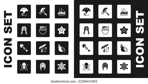 Set Served fish on a plate, bowl, Fish steak, Stingray, Starfish, Scallop sea shell and skeleton icon. Vector