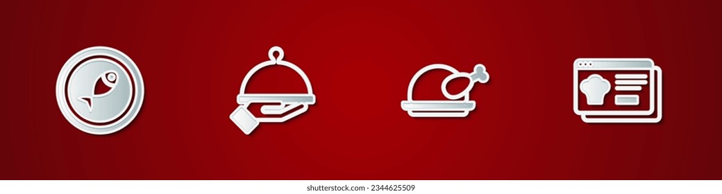 Set Served fish on a plate, Covered with tray of food, Roasted turkey or chicken and Online ordering and delivery icon. Vector
