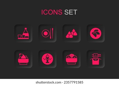 Set Served fish on a plate, Food chopsticks with, Bottle of sake, Chow mein, Dumpling, Asian noodles paper box, Zongzi bamboo steamer and Rice bowl icon. Vector