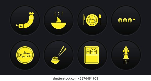 Set Served fish on a plate, Grilled steak, Sushi, Canned, crab, Shark fin soup, Octopus and Shrimp icon. Vector