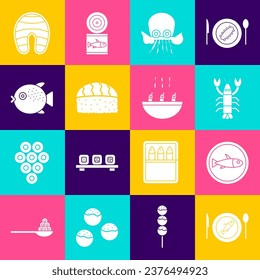 Set Served fish on a plate, Lobster, Octopus, Sushi, Puffer, Fish steak and Soup with shrimps icon. Vector