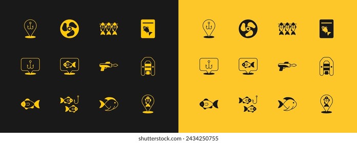 Set Served fish on plate, Fishing hook with, harpoon, Location fishing, Dried,  and Outboard boat motor icon. Vector