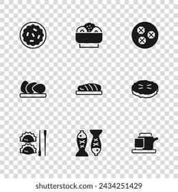 Set Served fish on a plate, Homemade pie, Traditional tea ceremony, Fish steak, Wonton, Chow mein and Chicken egg icon. Vector