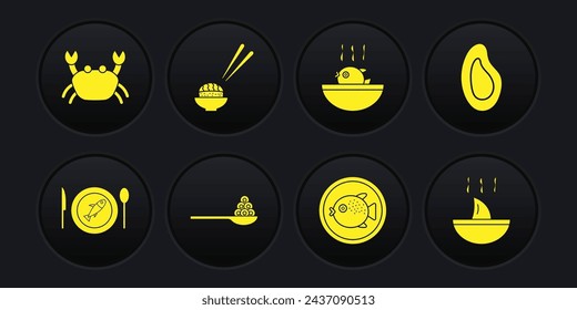 Set Served fish on a plate, Mussel, Caviar spoon, Puffer, soup, Sushi, Shark fin and Crab icon. Vector
