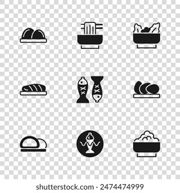 Set Served fish on a plate, Chicken egg, Rice in bowl, Wonton, Sushi, Asian noodles and Fish steak icon. Vector
