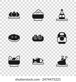 Set Served fish on a plate, Asian noodles in paper box, Roasted turkey or chicken, Sushi, Bottle of sake, Dumpling, Rice bowl and Homemade pie icon. Vector