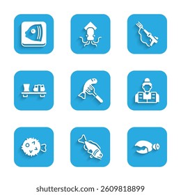 Set Served fish on a plate, Fish, Lobster or crab claw, Fisherman, hedgehog, Sushi cutting board, Fishing harpoon and head icon. Vector