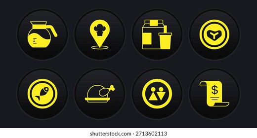 Pescado servido en un plato, carne de bistec, pavo o pollo asado, inodoro, pedidos en línea y entrega, sombrero de chef con ubicación, cheque financiero de papel e icono de la olla de café. Vector