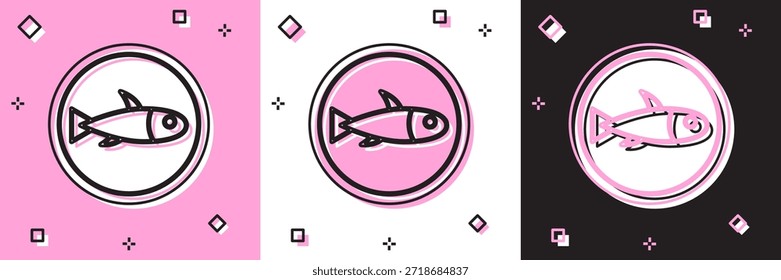Pescado servido en un icono de la placa aislado en el fondo rosado y blanco, negro.  Vector
