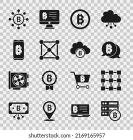 Set Server bitcoin, Blockchain technology, Bitcoin, Mining from mobile,  and Cryptocurrency cloud mining icon. Vector