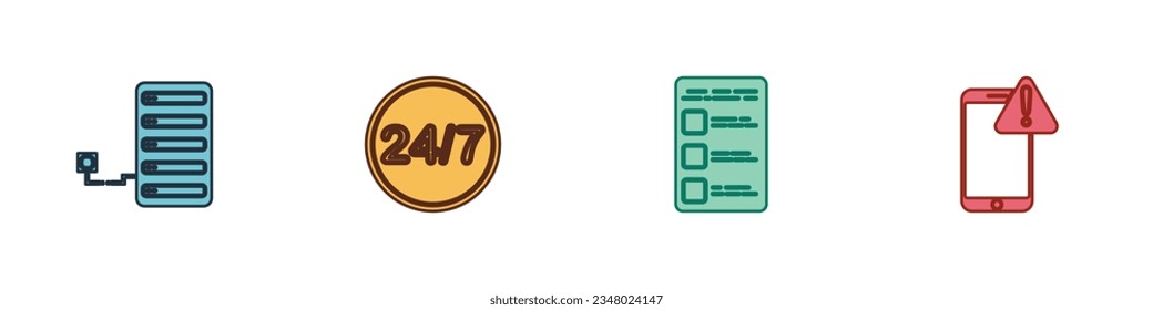 Set Server, Clock 24 hours, Create account screen on mobile and Mobile with exclamation mark icon. Vector