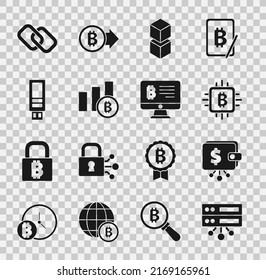 Set Server, Cryptocurrency wallet, CPU mining farm, Blockchain technology, Pie chart infographic bitcoin, USB flash drive, Chain link and Mining from monitor icon. Vector