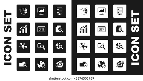 Set Server, Data analysis, Financial growth, Pie chart infographic, Document with, Search globe and Mind map icon. Vector
