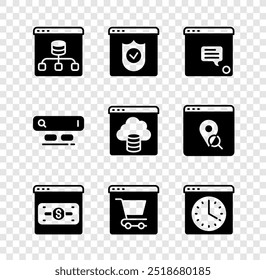 Set Server, Data, Browser with shield, New chat messages notification, Online shopping screen, window, Search engine and Cloud technology data transfer icon. Vector