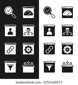 Set Server, Data, Create account screen, Magnifying glass with check mark, Digital speed meter, Browser window, setting,  and  icon. Vector