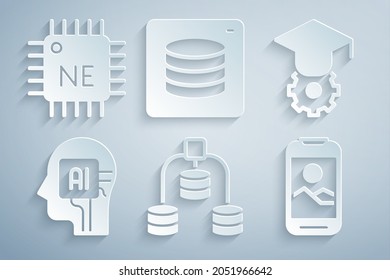 Set Server, Data, Graduation cap, Humanoid robot, Mobile phone,  and Processor CPU icon. Vector