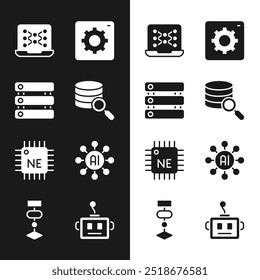 Set Server, Server, Data, Neural network, Computer api interface, Processor CPU, Artificial intelligence robot and Algorithm icon. Vector