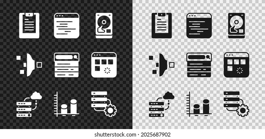 Set Server, Data report, Software, Hard disk drive HDD, Network cloud connection, analysis, and gear, Filter setting and Search engine icon. Vector