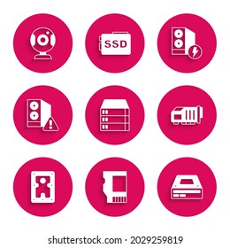 Set Server, Data, Web Hosting, SD card, Optical disc drive, Video graphic, Hard disk HDD, Case of computer,  and camera icon. Vector