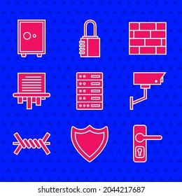 Set Server, Data, Web Hosting, Shield, Door handle, Security camera, Barbed wire, Paper shredder, Bricks and Safe icon. Vector