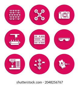 Set Server, Data, Web Hosting, DNA symbol, Wireless charger, Smart glasses, Coffee machine, Factory conveyor system belt, Mirrorless camera and Binary code icon. Vector