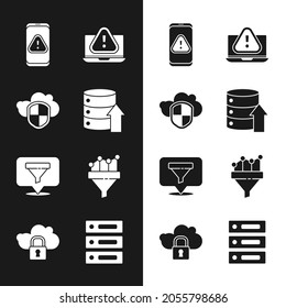 Set Server, Data, Web Hosting, Cloud and shield, Mobile with exclamation mark, Laptop, Location sales funnel, Sales chart,  and computing lock icon. Vector