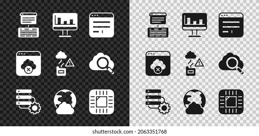 Set Server, Data, Web Hosting, Monitor with graph chart, Browser window, and gear, Social network, Processor CPU, Failed access cloud storage and Cloud technology data transfer icon. Vector