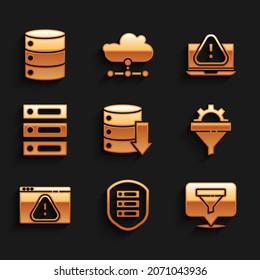 Set Server, Data, Web Hosting, with shield, Location sales funnel, Sales gear, Browser exclamation mark, Laptop and  icon. Vector