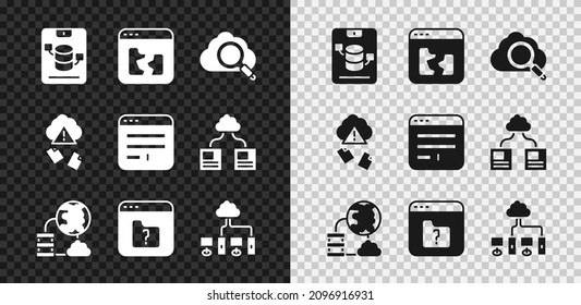 Set Server, Data, Web Hosting, Broken file, Search cloud computing, Network connection, File missing, Computer network, Cloud hacking and Browser window icon. Vector