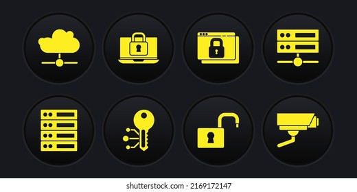 Set Server, Data, Web Hosting, Cryptocurrency key, Open padlock, Secure your site with HTTPS, SSL, Laptop and, Security camera and Network cloud connection icon. Vector